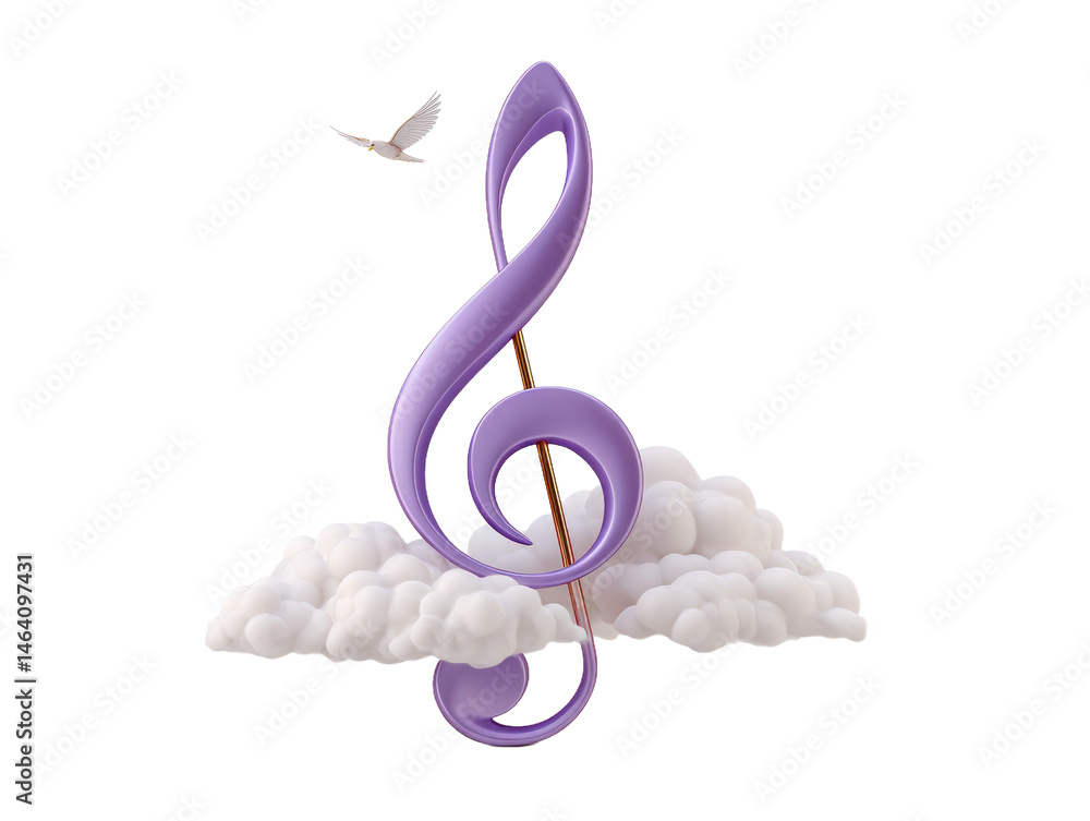 Fototapeta premium Captivating Purple Treble Note with Elegant White Bird in Flight Symbolizing the Harmony of Music and Nature