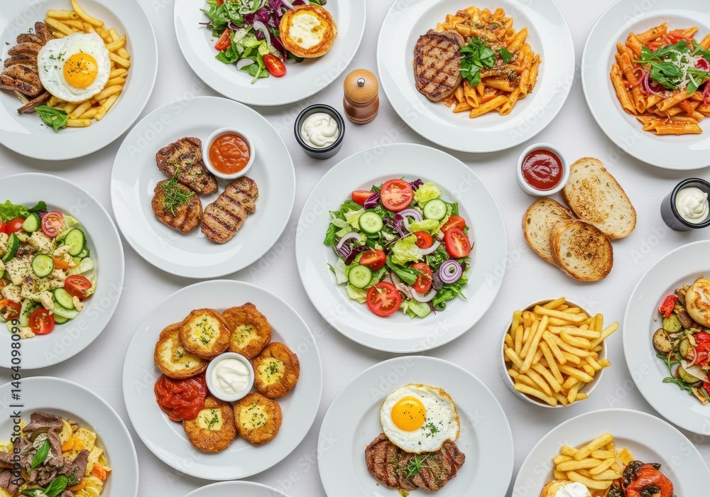 Overhead shot of various plated dishes including steak, pasta, salads, and fried appetizers on a white surface Overhead shot of various plated dishes including steak, pasta, salads, and fried appetizers on a white surface