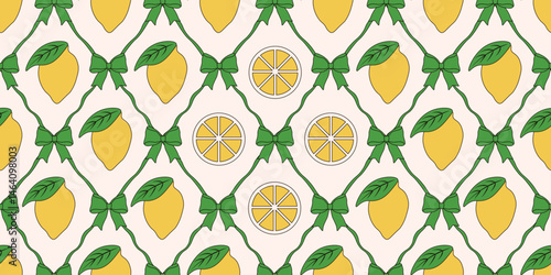 Amalfi. Italy. Coquette. Seamless Trellis with lemons bow and ribbon. Perfect rhombus wallapper print food wrapping paper with fish. Vector illustration. EPS 10