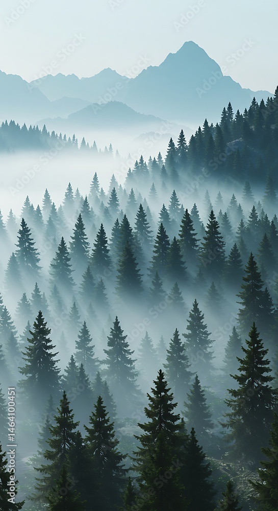 Fototapeta premium Misty Mountain Forest, Coniferous Trees, Aerial View