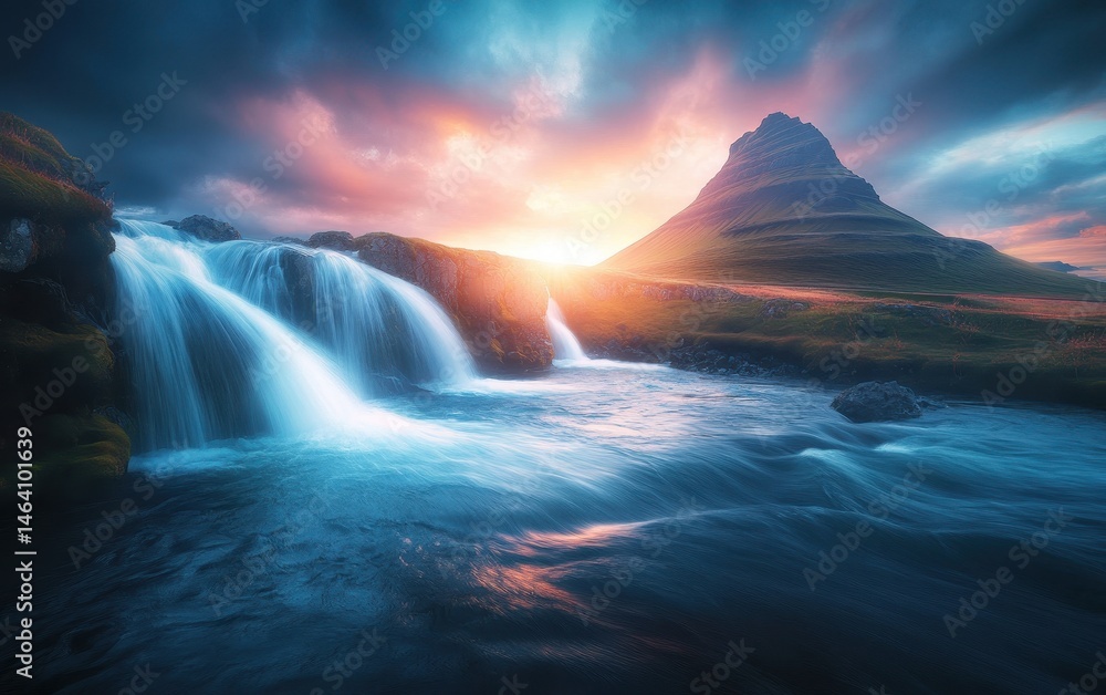 Fototapeta premium Dramatic mountain vista, cascading waterfalls, tranquil river flowing through lush landscape at vibrant sunset