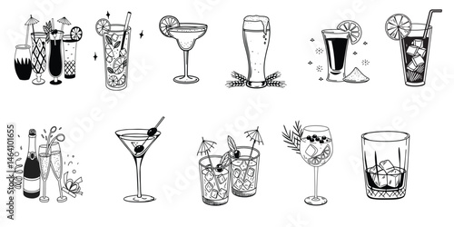 Beautiful hand-drawn collection of drinks and cocktails — a detailed vector illustration in vintage sketch style