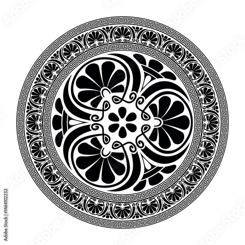 Greek round frame plate. Round frame with Greek meander, Byzantine pattern. Circle of Ancient Greece, Roman Empire. Greek style. Greek fret, key. Decoration of European palaces, ceramic, textile