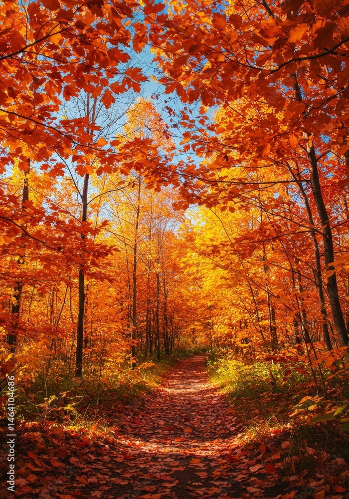 Sunlit Autumnal Forest Path with Orange Leaves and Deciduous Trees Sunlit Autumnal Forest Path with Orange Leaves and Deciduous Trees
