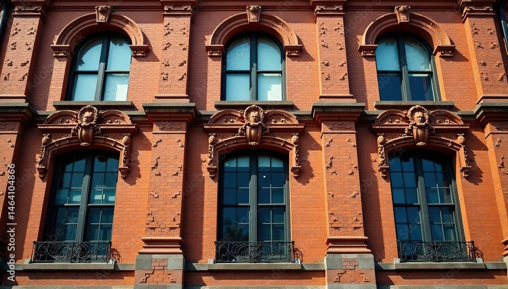 Fototapeta premium Ornate brick facade, intricate detailing, tall windows, texture, row house, chimney