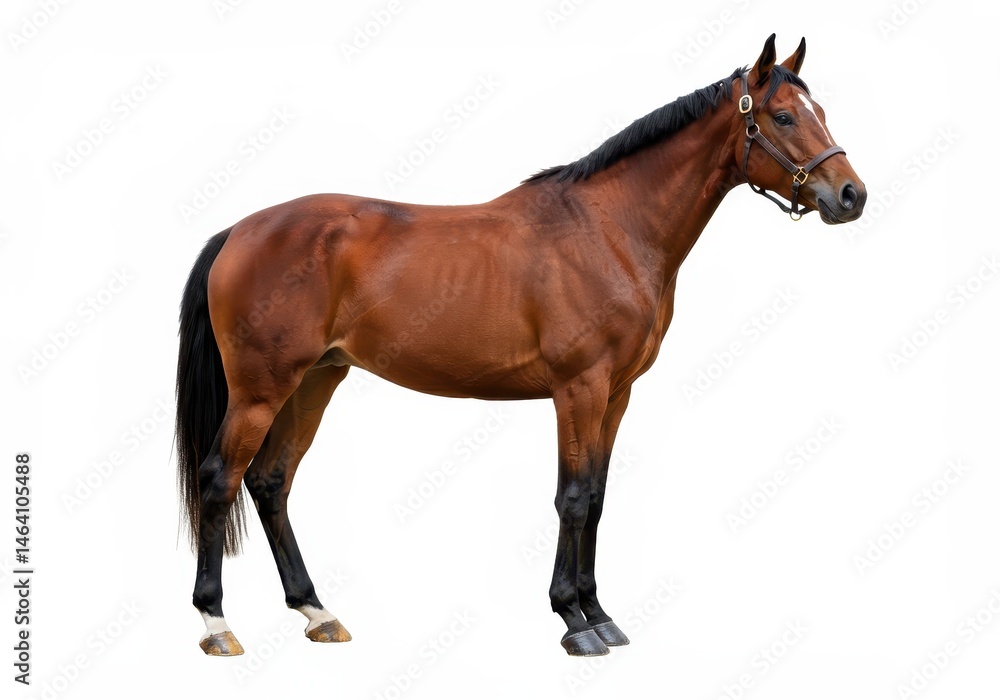 Obraz premium A beautiful brown horse stands in profile against a clean white background, showcasing its elegant form