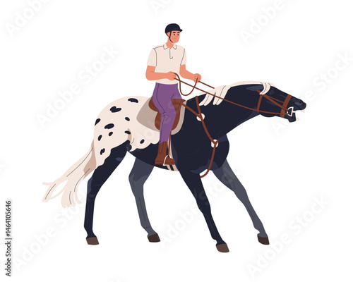 Aggressive equine behavior. Bad disobedient naughty horse out of control, in stress, attacking. Rider holding reins of uncontrolled stallion. Flat vector illustration isolated on white background