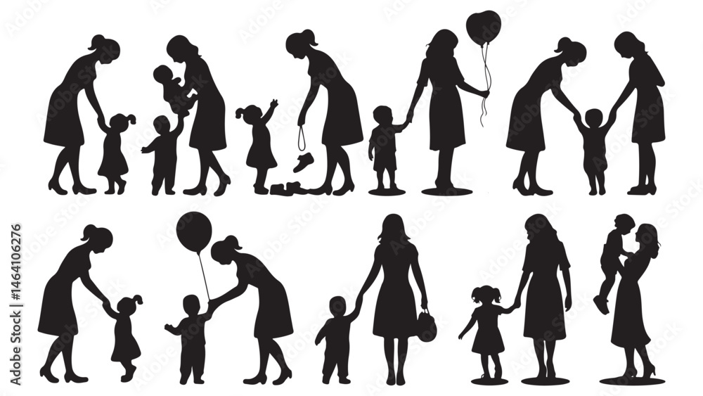Fototapeta premium set of silhouettes of mothers with their children on a white background, silhouettes of women and child
