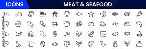 Meat, poultry, fish and eggs - minimal thin line web icon set. Outline icons collection.Simple vector illustration.