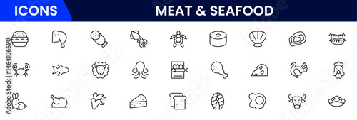 Meat, poultry, fish and eggs - minimal thin line web icon set. Outline icons collection.Simple vector illustration.