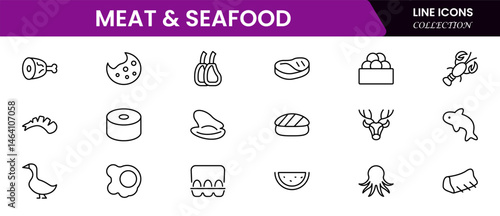 Meat, poultry, fish and eggs - minimal thin line web icon set. Outline icons collection.Simple vector illustration.