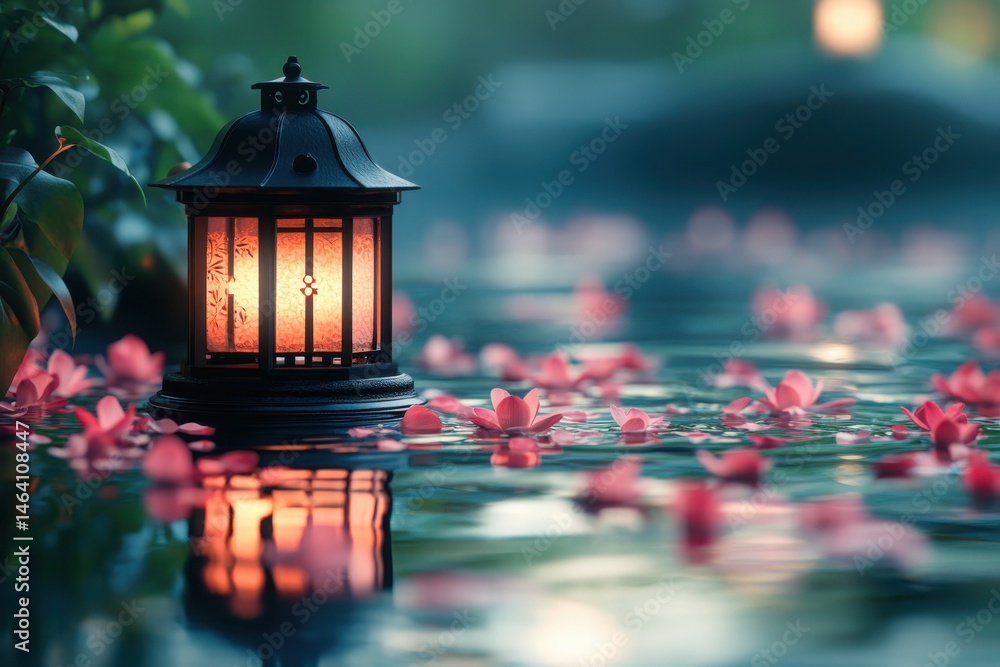 A lantern glows softly on water surrounded by floating pink flowers in a serene, dreamy setting. A lantern glows softly on water surrounded by floating pink flowers in a serene, dreamy setting.