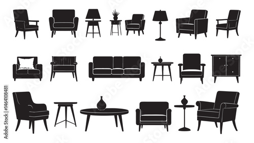 set of silhouettes of various furniture icon on white background, set of furniture black silhouettes