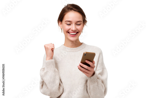 Happy woman celebrating success on her mobile phone using a beige sweater in a studio shot girl news on transparent background