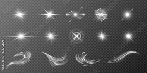 Special Light Glow Effect. Shine, Dust, Sparks, Explosions, Curved Swirls, Solar Flare, Glitter, Stars, Wind Glare, and Magical Light Motion Elements on Transparent Background