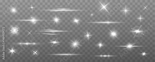 Special Light Glow Effect. Shine, Dust, Sparks, Explosions, Curved Swirls, Solar Flare, Glitter, Stars, Wind Glare, and Magical Light Motion Elements on Transparent Background