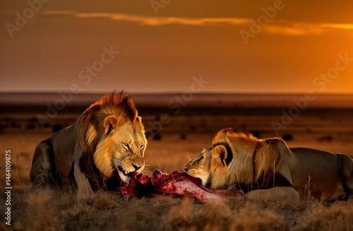 Two lions eating an antelope in the African savannah at sunset