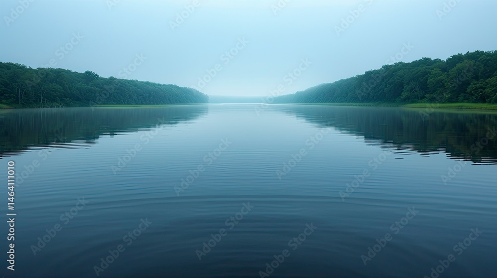 Misty river reflecting tranquil forest Misty river reflecting tranquil forest