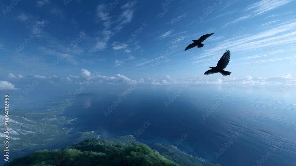 Fototapeta premium Two birds gracefully soar over a vast ocean under a bright blue sky. The scene captures freedom and tranquility in nature. Perfect for nature lovers and travel enthusiasts. AI