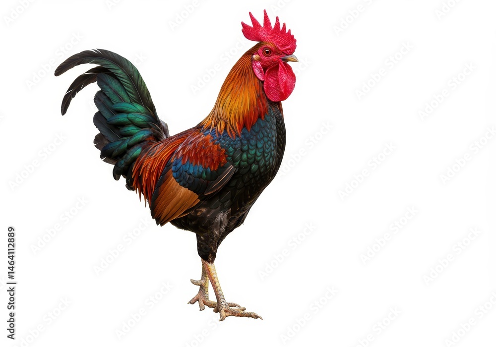 A vibrant rooster stands proudly against a stark white background, showcasing its colorful plumage and distinct features A vibrant rooster stands proudly against a stark white background, showcasing its colorful plumage and distinct features