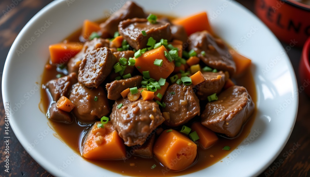 Savory beef stew with vegetables home kitchen food photography cozy environment close-up view comfort food concept Savory beef stew with vegetables home kitchen food photography cozy environment close-up view comfort food concept