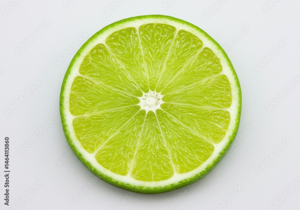 Close-up of a vibrant green lime slice against a clean white background, showcasing its juicy texture Close-up of a vibrant green lime slice against a clean white background, showcasing its juicy texture