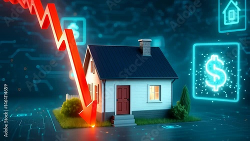 House with Red Falling Arrow Representing Real Estate Market Crash, Property Value Drop, Housing Price Fall and Economic Decline

