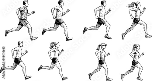 Running men and women, isolated vector sketches. Run, side view. Sketches of athletic looking male and female runners running. EPS 10 version.