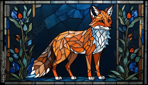This stained glass artwork showcases a majestic fox amidst stylized flora, in vibrant, rich colors.