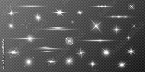 Special Light Glow Effect. Shine, Dust, Sparks, Explosions, Curved Swirls, Solar Flare, Glitter, Stars, Wind Glare, and Magical Light Motion Elements on Transparent Background