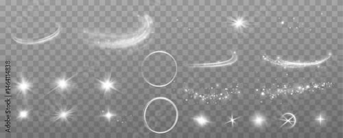 Special Light Glow Effect. Shine, Dust, Sparks, Explosions, Curved Swirls, Solar Flare, Glitter, Stars, Wind Glare, and Magical Light Motion Elements on Transparent Background