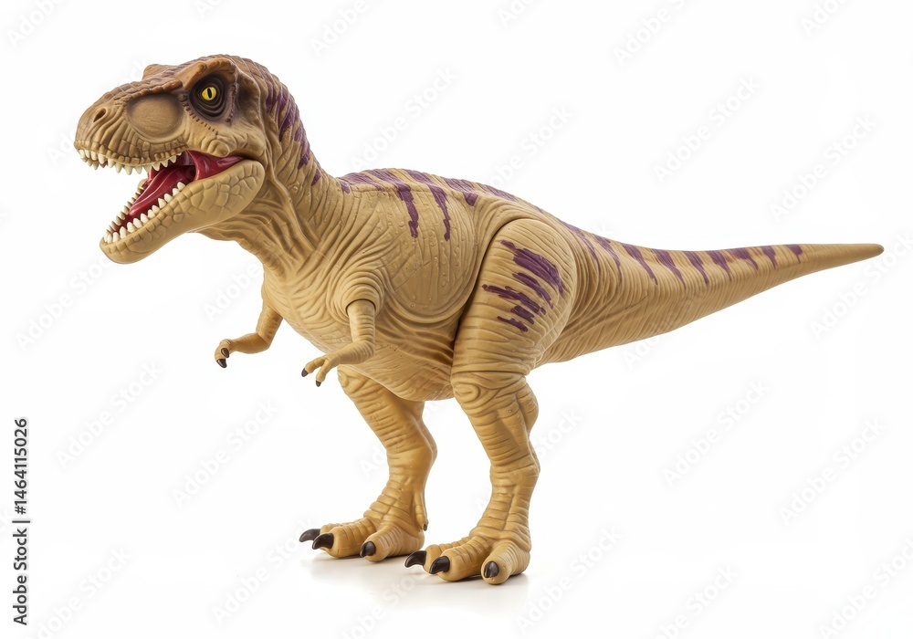 Toy tyrannosaurus rex with purple stripes standing on a white background in a studio shot Toy tyrannosaurus rex with purple stripes standing on a white background in a studio shot