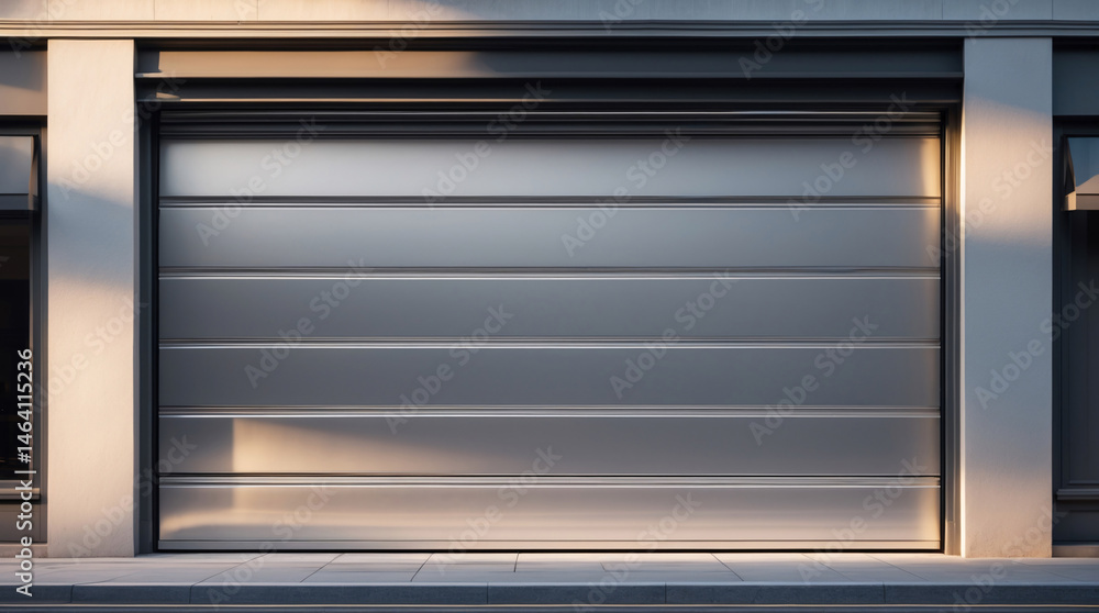 Closed metal storefront rolling door in architectural facade showing industrial strength and secure design for commercial retail location Wallpaper Background Exterior Design