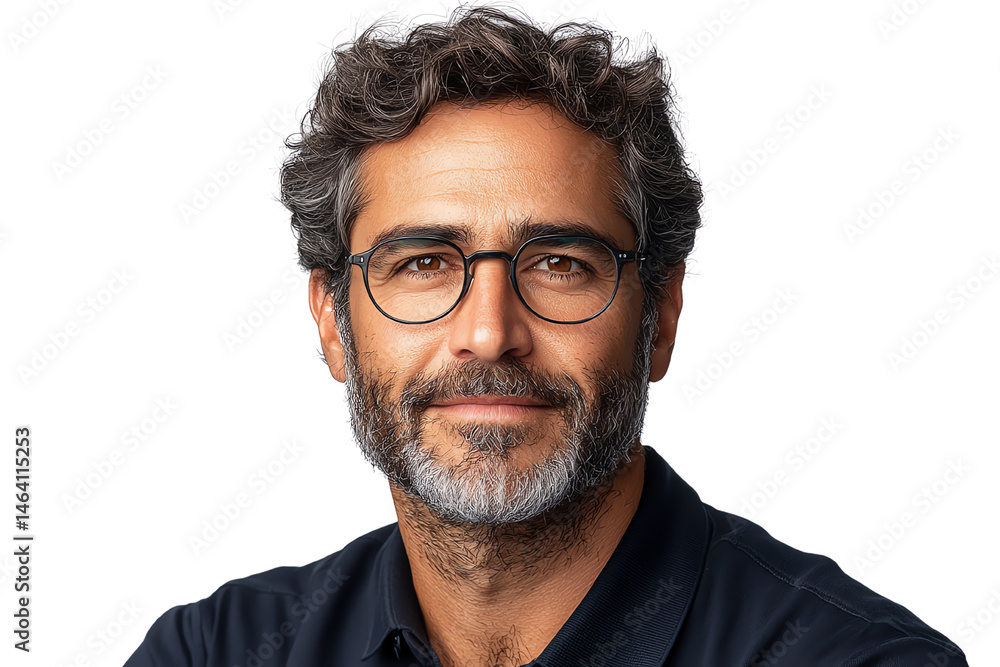 Fototapeta premium A confident man with glasses and a smile, representing professionalism and approachability in a modern workspace.