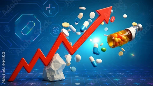 Red Arrow Rising Through Flying Pills and Bottle Representing Pharmaceutical Price Surge, Medicine Cost Inflation and Drug Industry Profit

