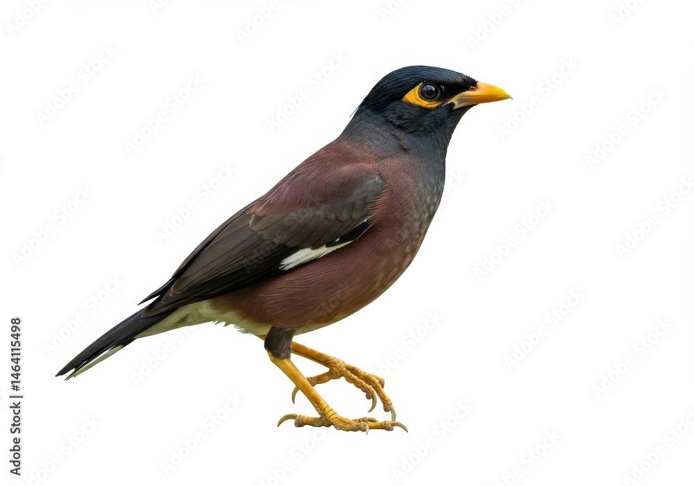 Isolated common myna bird perched and standing on white background in a studio shot Isolated common myna bird perched and standing on white background in a studio shot