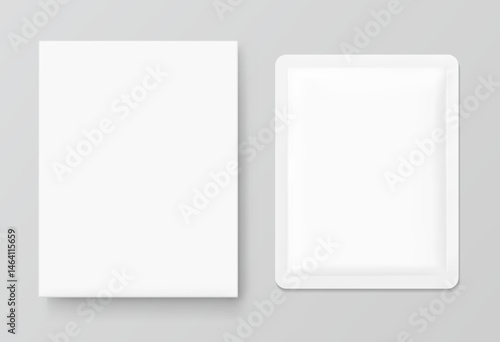 Realistic white closed paperboard box with sachet mockups. Vector illustration isolated on grey background. Taking your 2D designs into 3D. Can be use for pharmacy, food, cosmetic and other. EPS10.