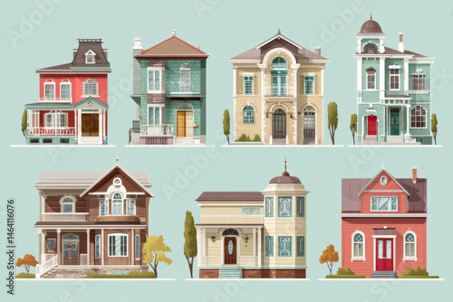 Illustration showing different architectural styles of classic houses, evoking sense of home