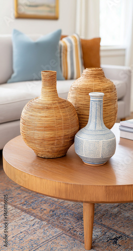 Close Up of Round Coffee Table with Woven and Ceramic Vases