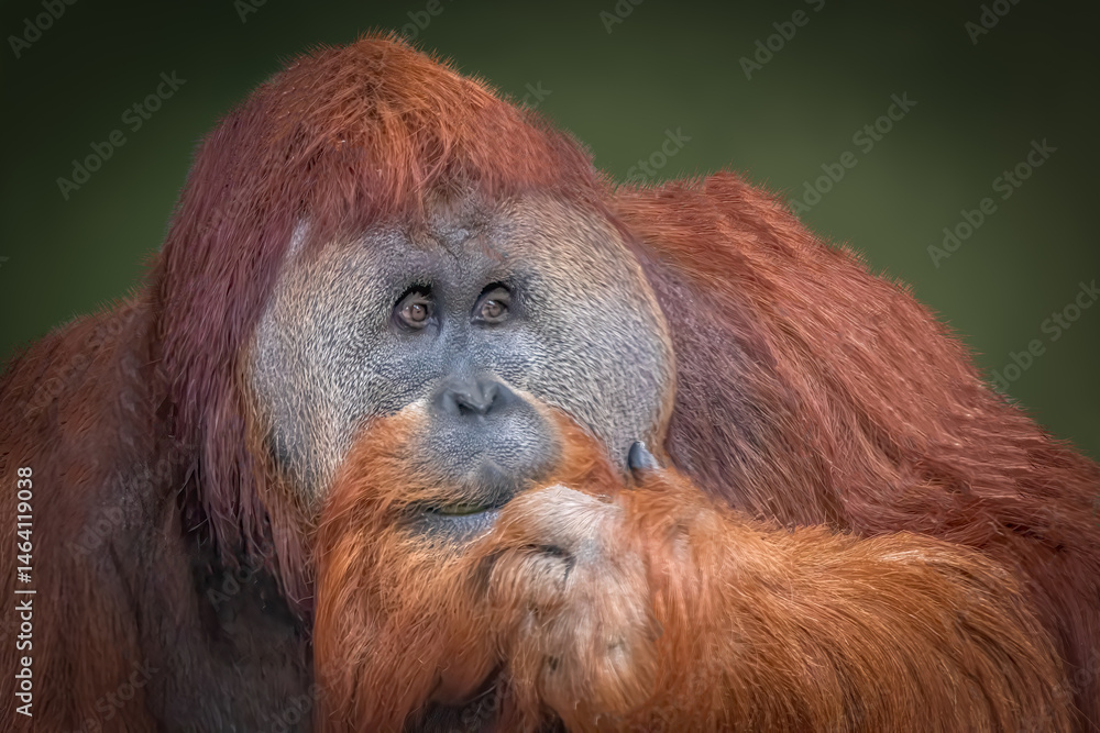 Obraz premium Close-Up Portrait of an Orangutan Holding Its Beard, Reddish-Brown Fur