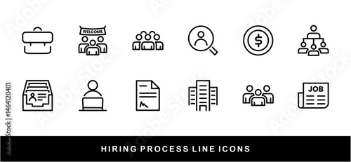 Hiring Process Line Icons. Recruitment, Job Application, Interview, Candidate Selection Vector Set