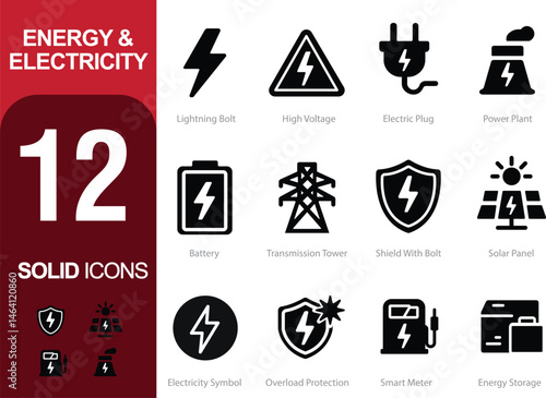 Energy & Electricity Icons – 12 Editable Solid Icons for Power, Electricity, and Energy Management | Vector Set in AI, EPS, SVG | Designed in Adobe Illustrator