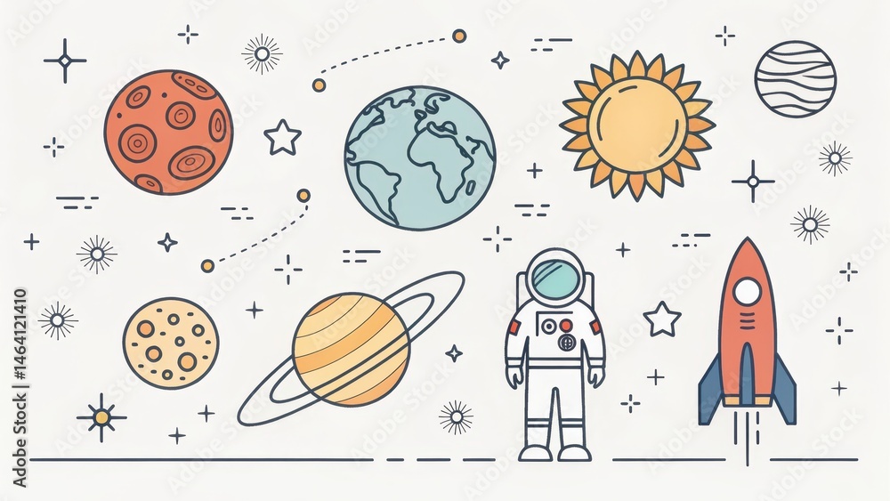 Fototapeta premium Astronaut in Space with Planets, Sun, and Rocket Illustrations