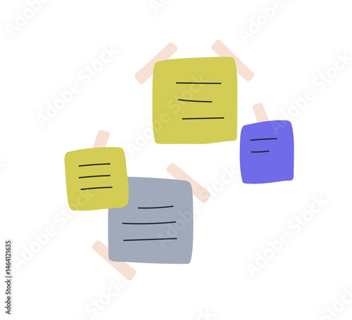 Memo papers, sticky notes, reminders for work organization and business planning. Office posts, handwritten messages, info on adhesive tapes. Flat vector illustration isolated on white background