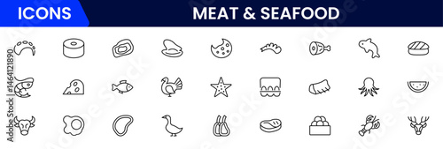 Meat, poultry, fish and eggs - minimal thin line web icon set. Outline icons collection. Simple vector illustration.