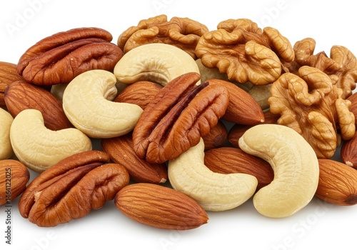 Close-up of a variety of mixed nuts including almonds, cashews, pecans, and walnuts on a white surface