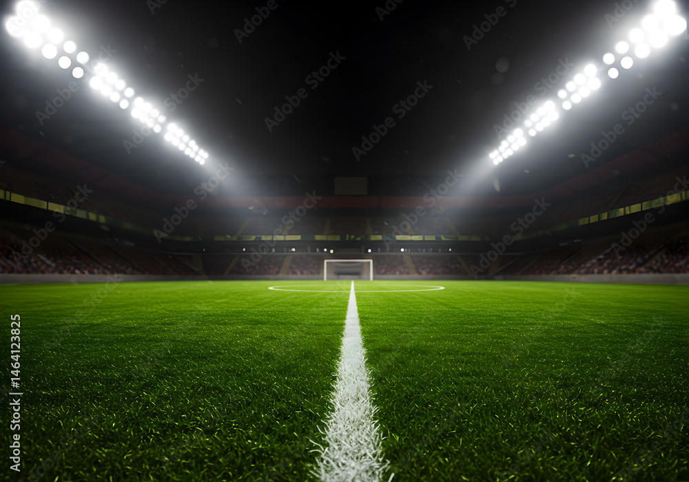 Vibrant Green Soccer Field at Night with Illuminated Stadium Lights