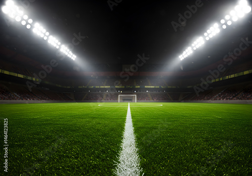 Obraz na płótnie Vibrant Green Soccer Field at Night with Illuminated Stadium Lights w salonie
