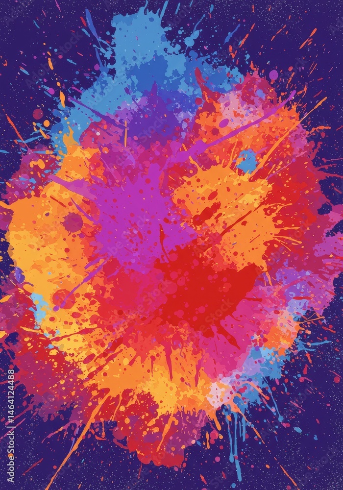 Vibrant Paint Splatter Design on Dark Blue Background with Drips