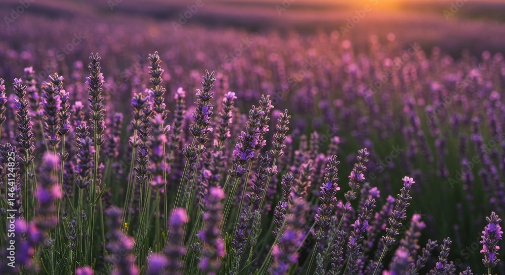 Vibrant Purple Lavender Field at Sunset in Rural Provence Europe